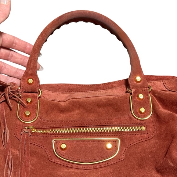 Auth Balenciaga Suede City Bag Brick brown metallic edge medium Strap RARE - Picture 3 of 13